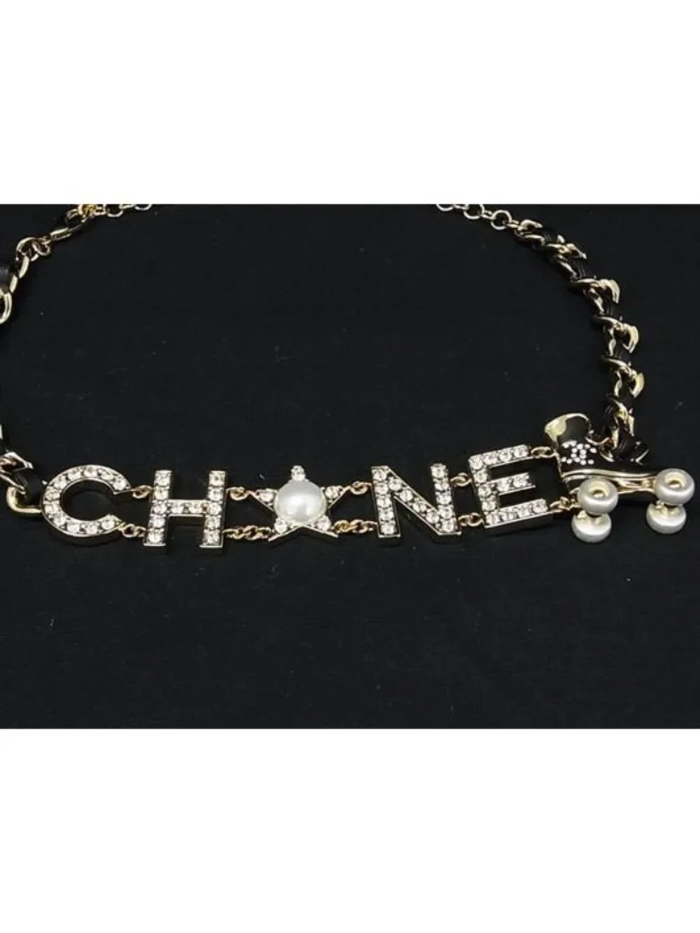 Chanel Logo CC Leather Rhinestone Pearl Roller Skates Necklace Gold